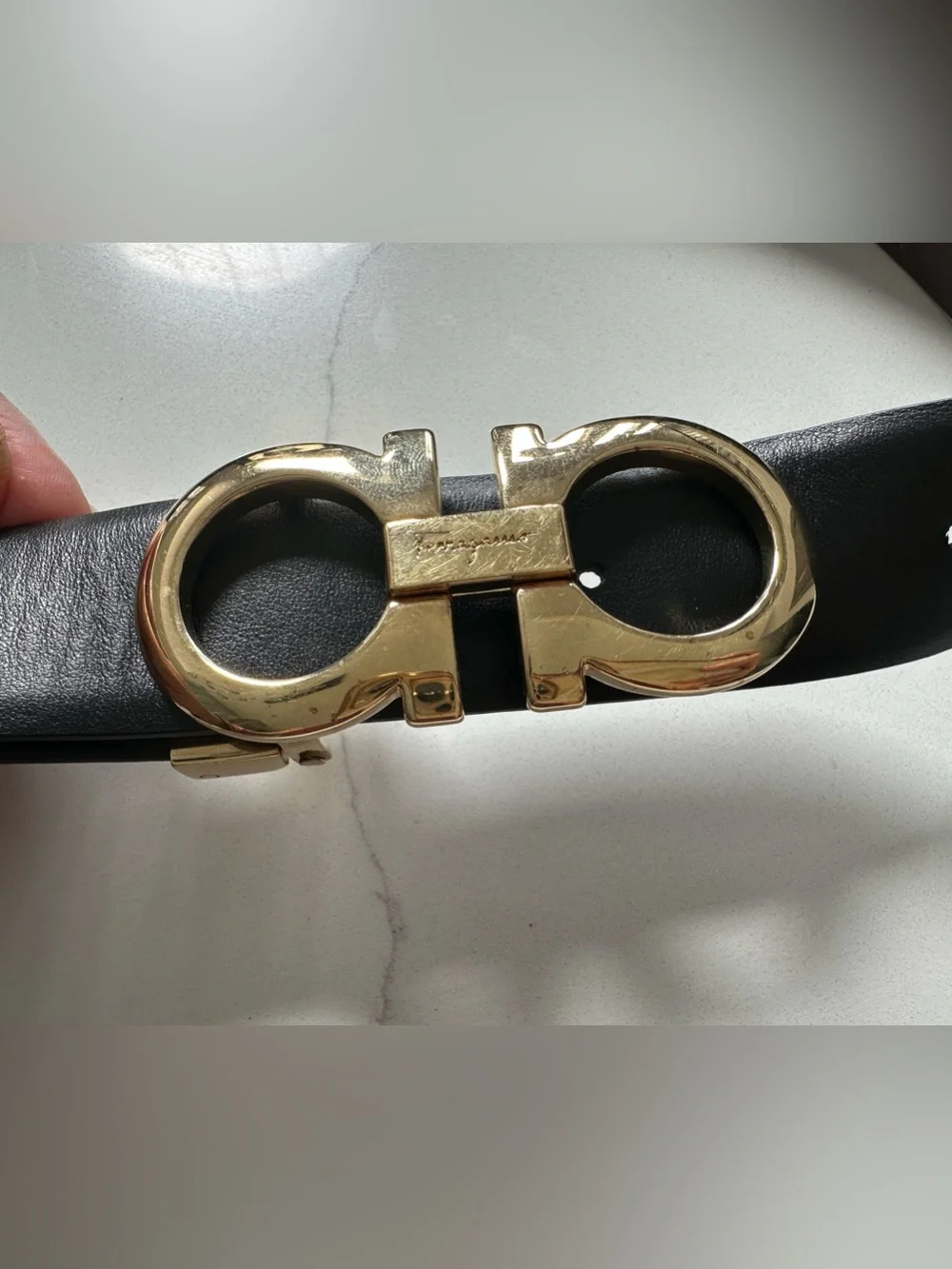 Black Leather Belt with Gold Double Gancini Buckle